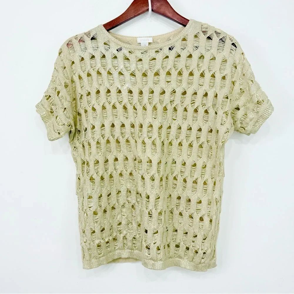 Chico's Gold Metallic Open Knit Short Sleeve Cotton Festive Pullover Sweater